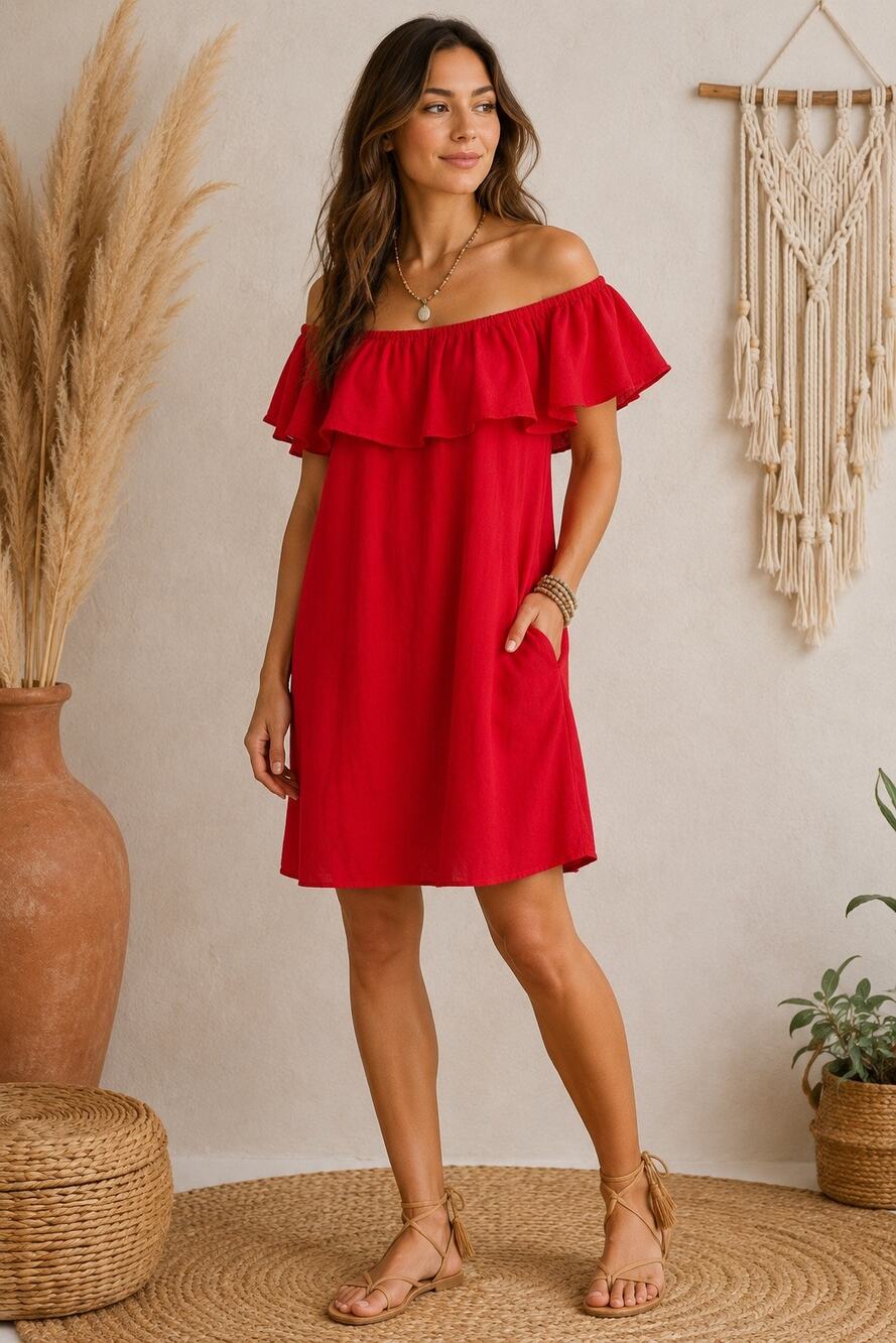 Tommy Bahama Womens Linen-Blend Off-the-Shoulder Mini Dress Size XS Red Hibiscus